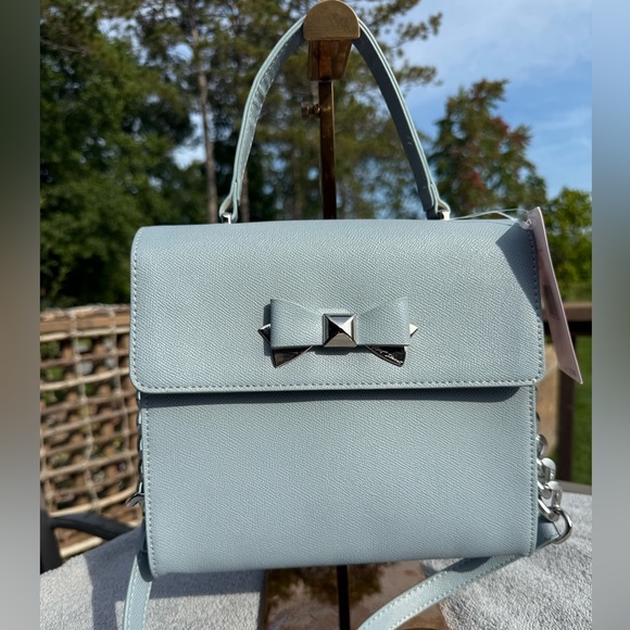 NWT! Betsy Johnson Devin Satchel Top Handle Crossbody Bag Blue Bow Chain Strap - Picture 2 of 13